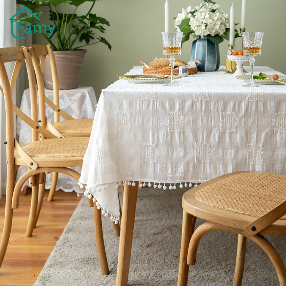 Tassel White Tablecloth Living Room Coffee Table - HANBUN